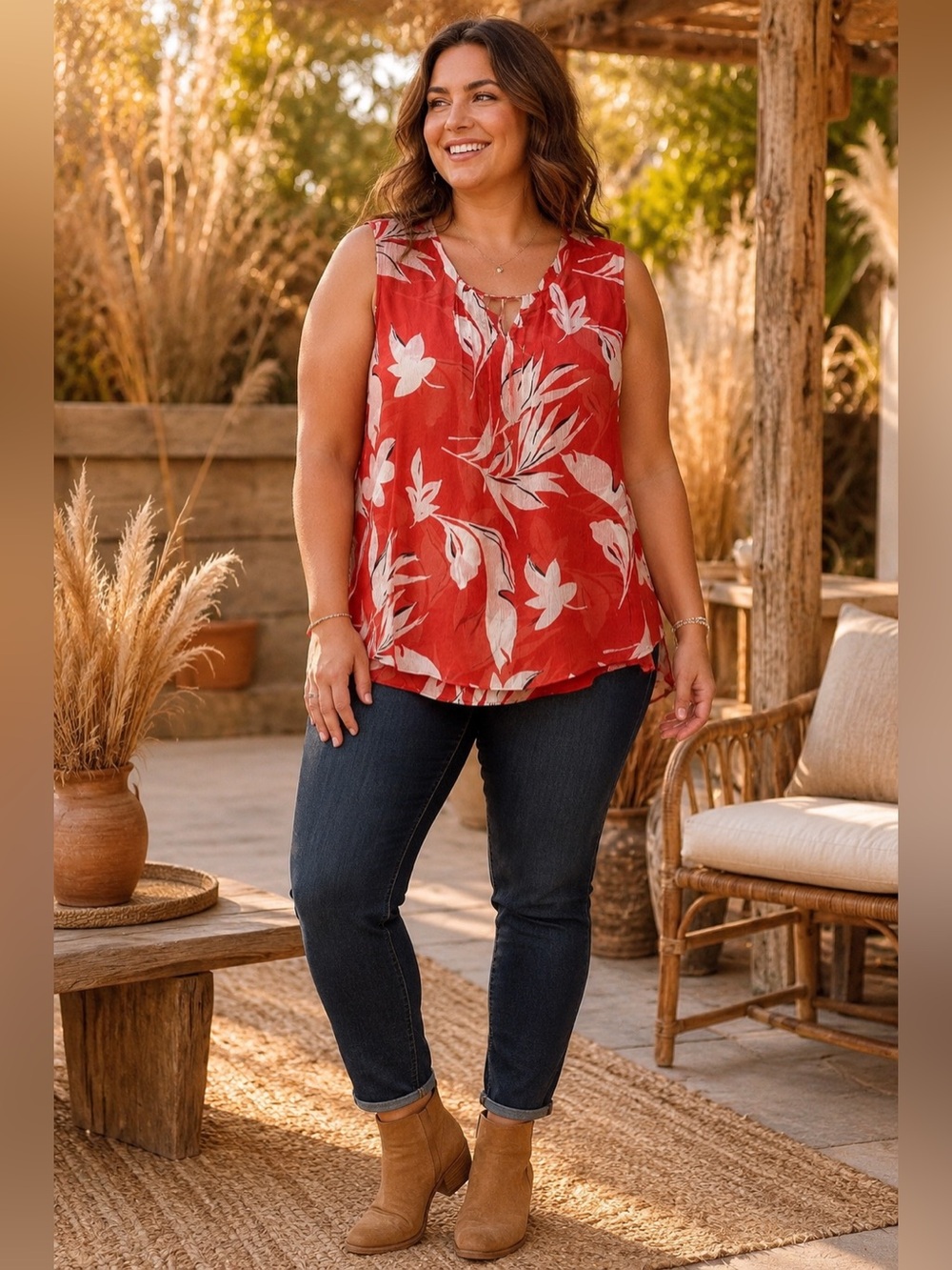 Plus Size Red Floral Sleeveless V-Neck Blouse